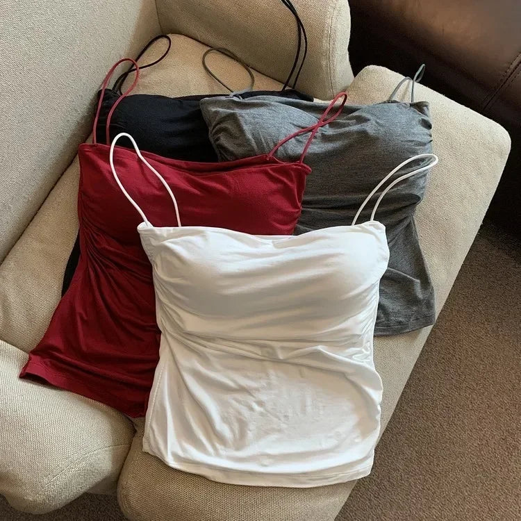 Women With Built In Bra Spaghetti Strap Tanks Summer Camis Tank Casual Tops  For Woman Solid Color Female Korean Style Badiee Stylez