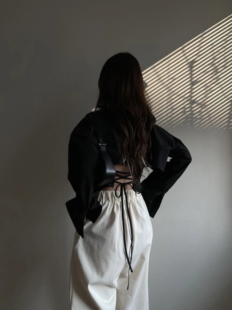 Gidyq Korean Bandage Shirt Women Fashion Backless Sexy Blouse Office Ladies Casual Slim Chic Turn Down Collar Long Sleeve Tops