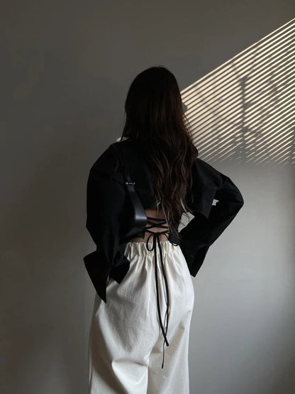 Gidyq Korean Bandage Shirt Women Fashion Backless Sexy Blouse Office Ladies Casual Slim Chic Turn Down Collar Long Sleeve Tops