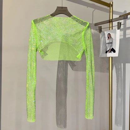 2023 new sexy bright diamond short top Slim thin Ms. hot drill long-sleeved T-shirt sexy leak waist nightclub Green One Size