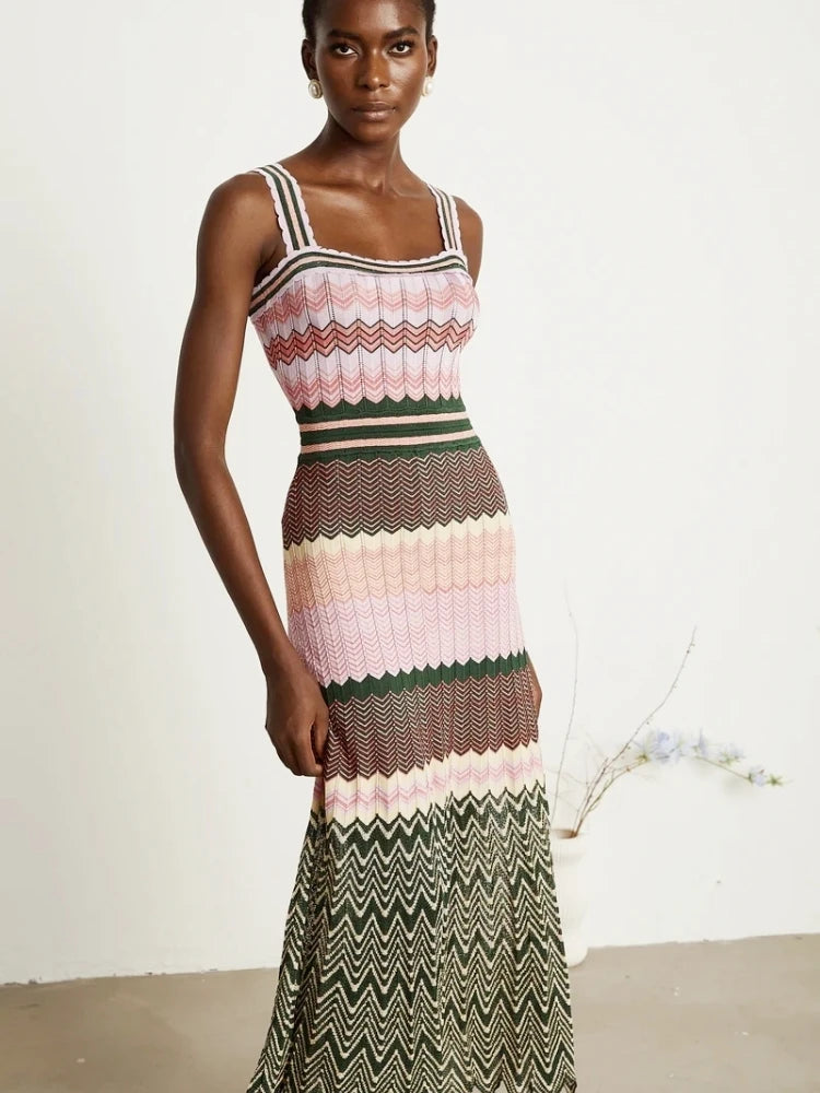 Luxury Brand Design Knitted Zigzag High Elasticity Color Sleeveless Long Maxi Dress Women Arab Africa Popular Boho Lady Skirt Badiee Stylez
