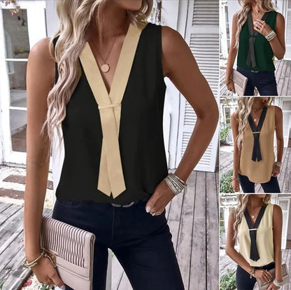 Fashion Sleeveless V-neck Tank Top Women Solid Casual Blouse Shirt 2023 Summer Elegant Office Womens Tops And Blouses