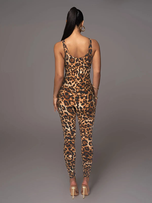 Women's Sexy Leopard Print Skinny Nightclub Jumpsuit Spaghetti-Neck Yoga Clothes Fitness Coverall Female Club Outfits