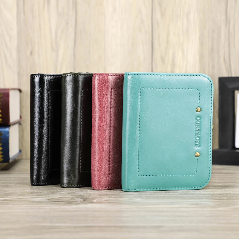 CONTACT'S Genuine Leather Short Wallets for Women Kiss Lock Classic Wallet Metal Frame Coin Purses Card Holder Money Clip Bags