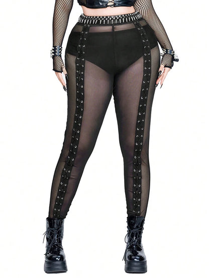 Plus Size Rave Coachella Women's Cock Eye Webbing Drawstring Tie-Up Mesh Spliced Mesh Trousers Punk Style