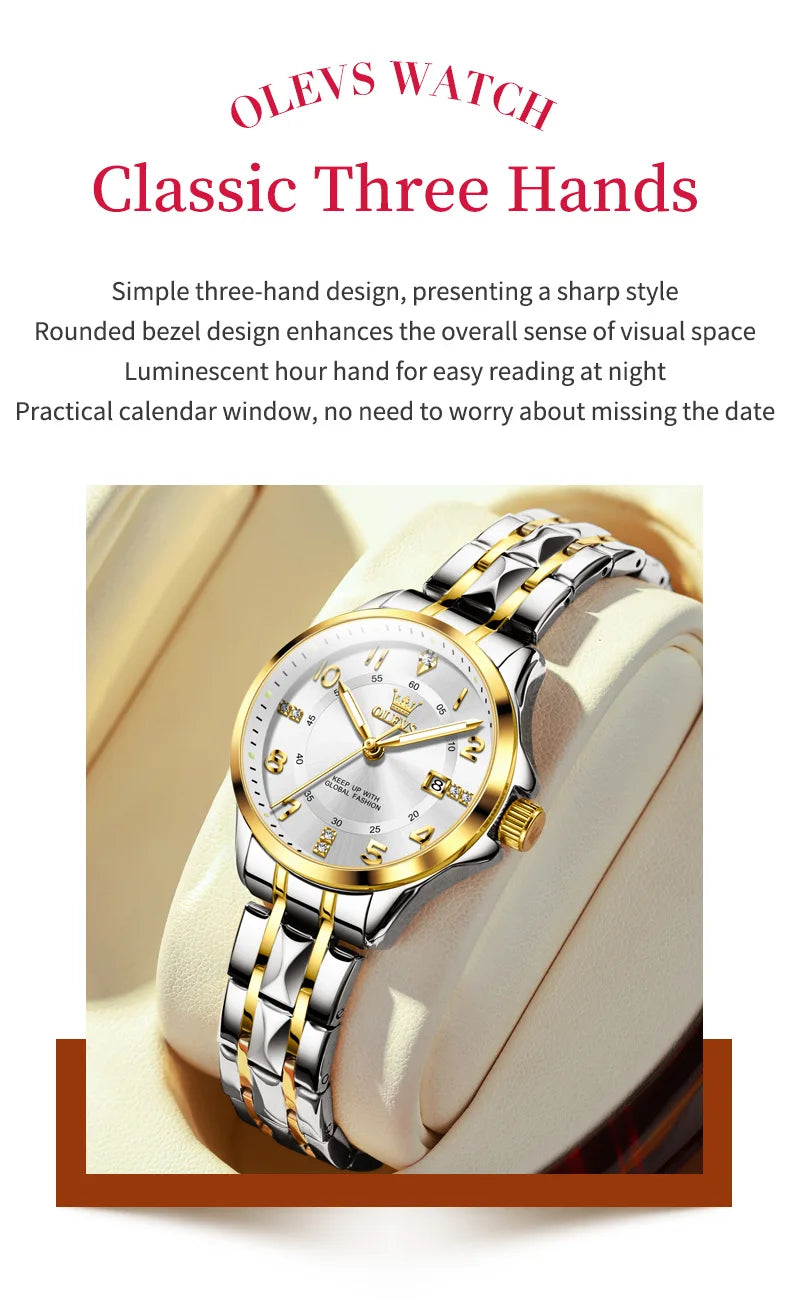 OLEVS 2910 Original Quartz Watches for Women Rhombus Steel Strap Waterproof Luminous Calendar Elegant Luxury Ladies Wristwatches