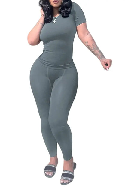 Lounge Wear Ribbed Casual 2 Piece Summer Shorts Set For Women Sleeve Top+Elastic Leggings Outfits