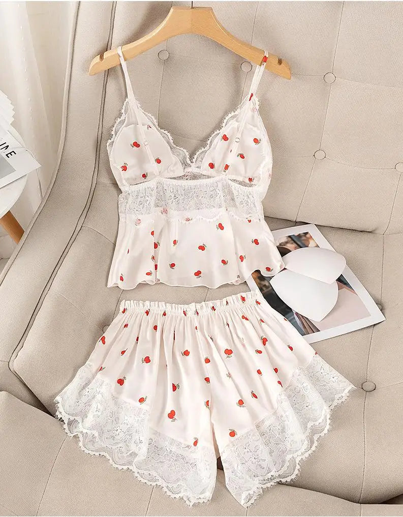 Summer Print Pyjamas Suit Women Sleepwear Lace Hollow Out Pajamas Set Sexy Strap Top&Shorts PJS Lingerie Satin Homewear