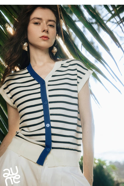 TOYOUTH Women Knitwear 2025 Summer New Short Sleeve Striped Contrast Color Pullover Tops 8523018