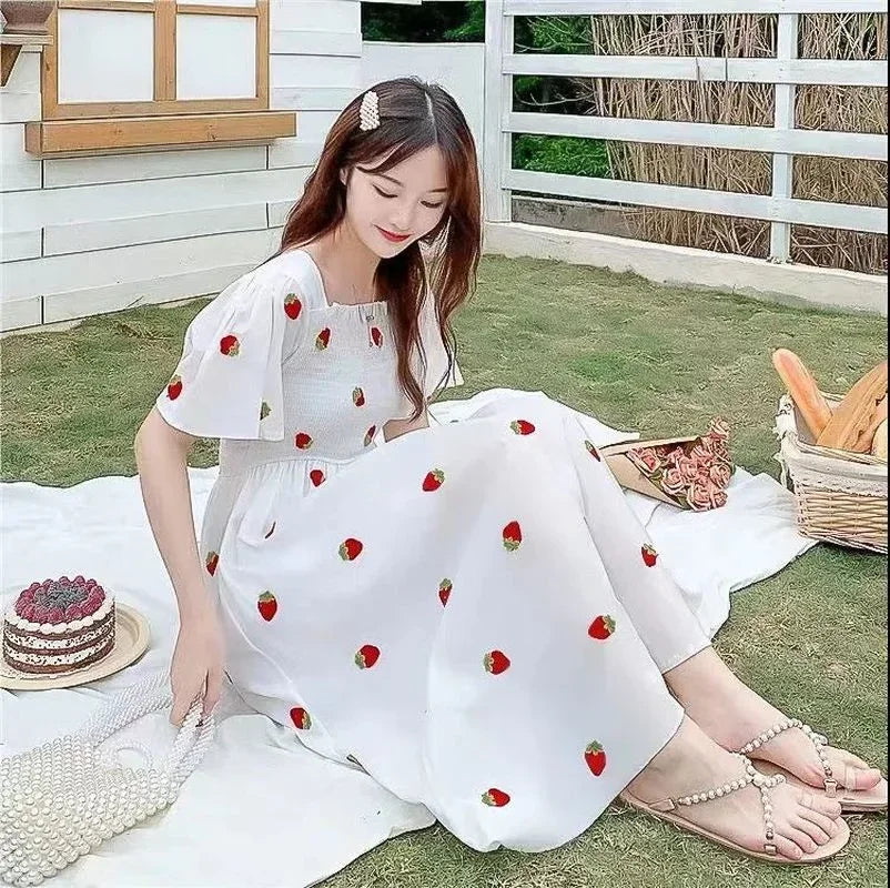 Vintage Kawaii Strawberry Dress Women Sexy Ruffle Puff Sleeve Off Shoulder Embroidery Summer Party Dresses 2023 Korean Elegant