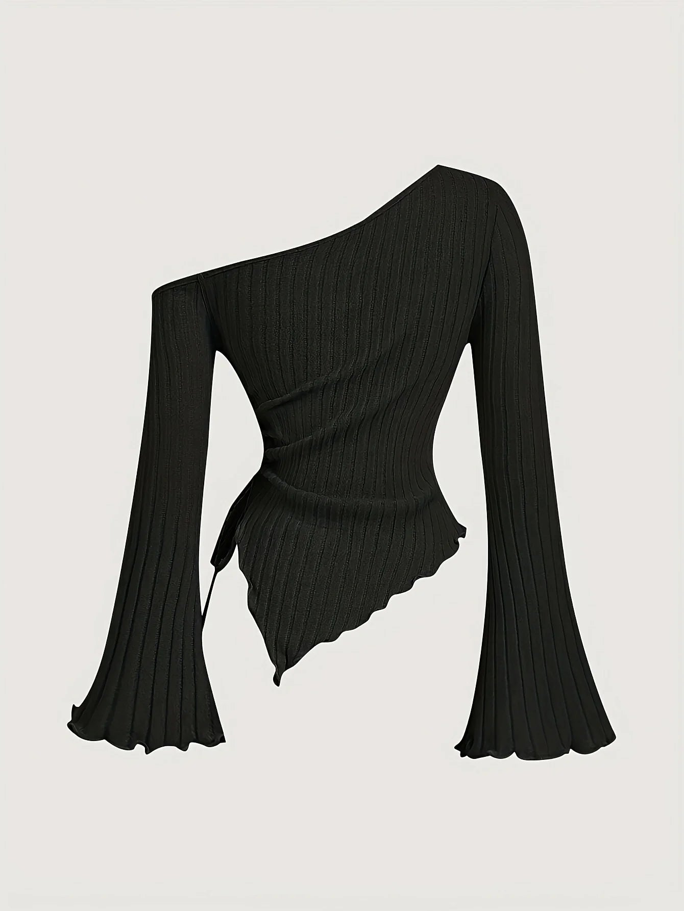 women's New off shoulder cross long sleeved slim fit casual street style asymmetrical elegant T-shirt trumpet sleeve top