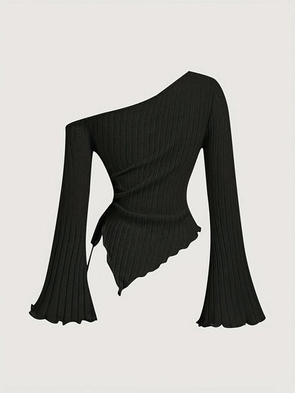 women's New off shoulder cross long sleeved slim fit casual street style asymmetrical elegant T-shirt trumpet sleeve top