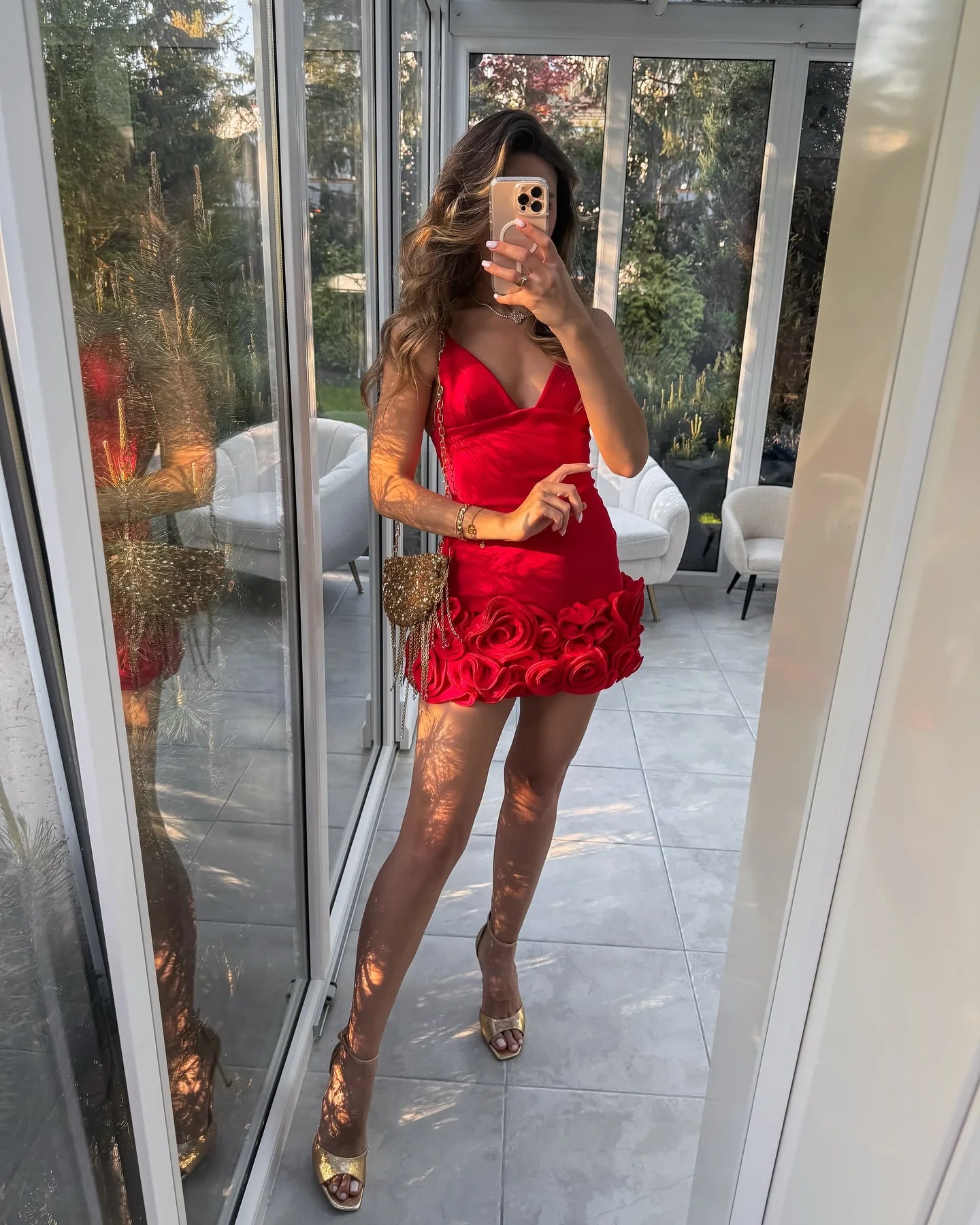 Red 3d Flower Splicing Sling Short Dresses Women Elegant V Neck Sleeveless High Waist Mini Dress Summer New Party Lady Robes