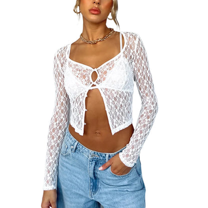 Women Sexy See Through Cardigans Y2K Long Sleeve Lace Mesh Lace Vintage Lace Tie Up Floral Crop Tops Streetwear Cardigans D-White