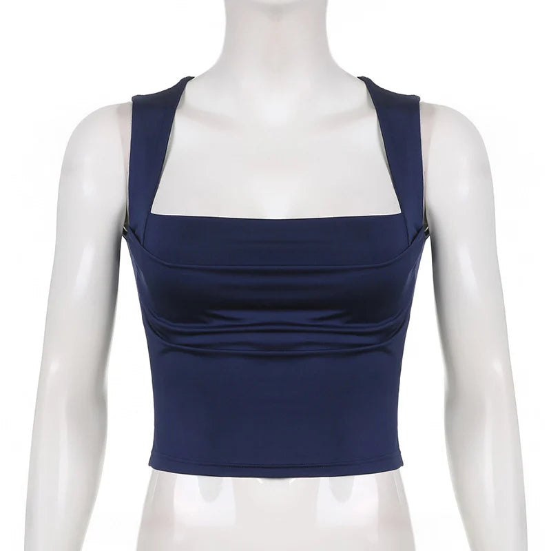 Folds Tanks for Women Solid Elegant Slim Sexy Harajuku Minimalist High Street Y2k Clothes Crop Tops Design