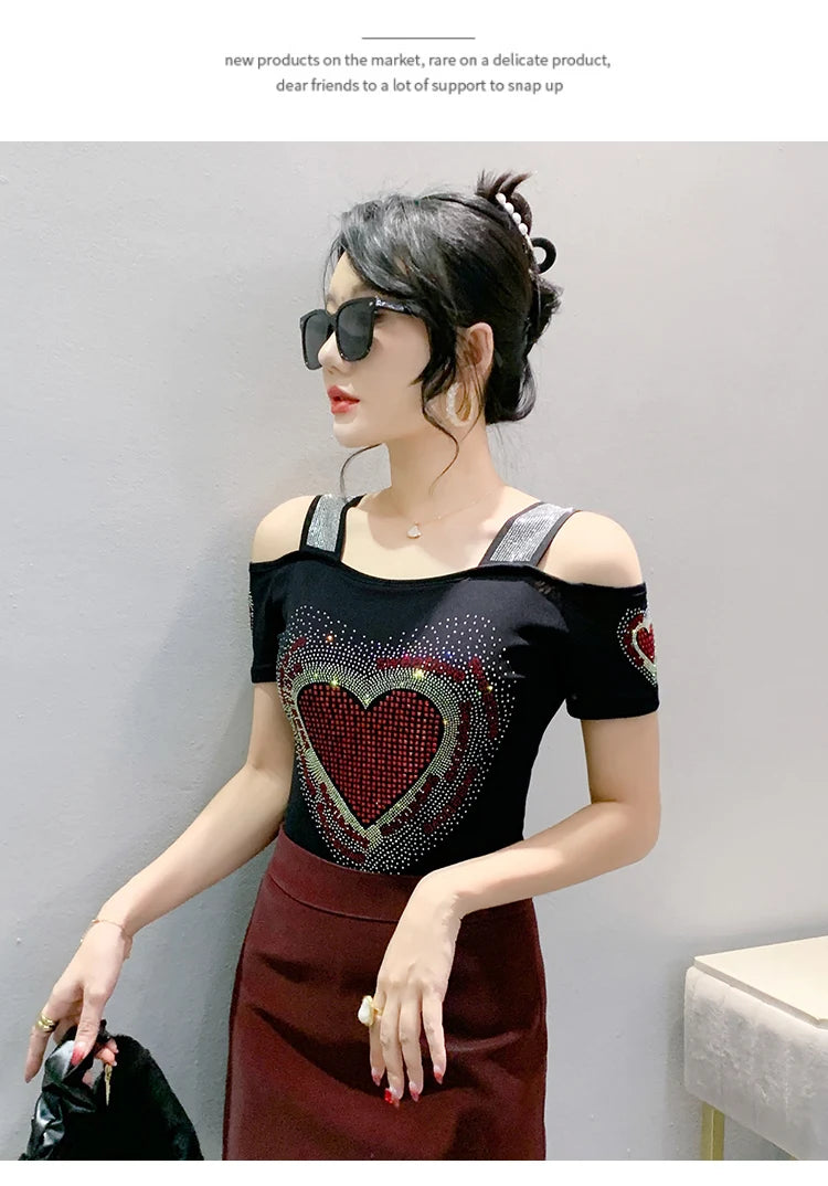 Aoxison Summer Short Sleeved Women's T-Shirt Elegant Slim Shiny Love Heart Diamonds Mesh Tops Chic Girl Sexy Off Shoulder Tees