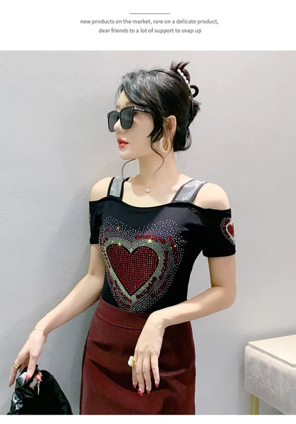 Aoxison Summer Short Sleeved Women's T-Shirt Elegant Slim Shiny Love Heart Diamonds Mesh Tops Chic Girl Sexy Off Shoulder Tees
