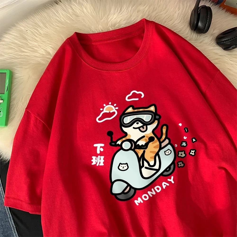 Cute Cat Riding Home After Work on Monday Women T-Shirts Cartoon Printed Tops Round Neck Soft T Shirt Summer Clothing