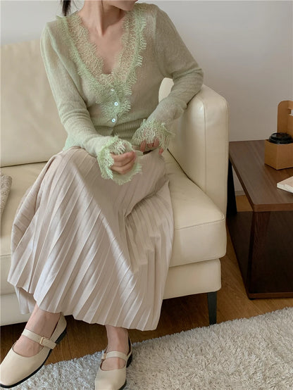 High-fashion Kawaii Botton Up Lace Patchwork Knitted Cardigan Women Autumn Winter Ladies Elegant Vintage Sweater Cheap Wholesale