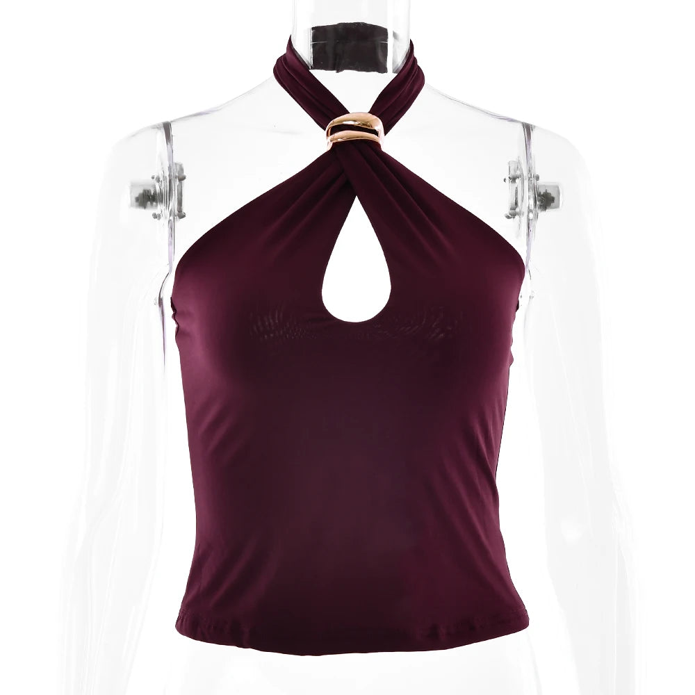 Fantoye Sexy Backless Metal Ring Halter Women Top Black Hollow Out Off Shoulder Crop Vest Female Summer Slim Elegant Streetwear