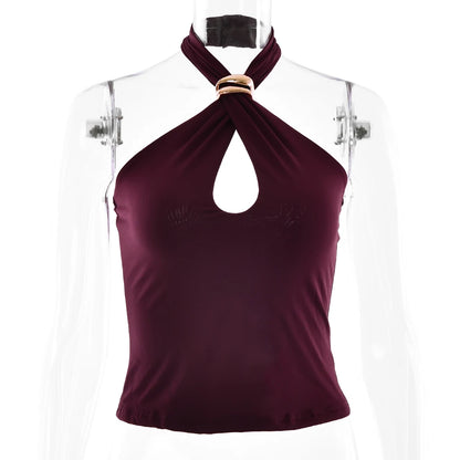 Fantoye Sexy Backless Metal Ring Halter Women Top Black Hollow Out Off Shoulder Crop Vest Female Summer Slim Elegant Streetwear