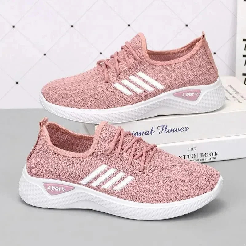 woman Mom Shoes Mesh Low-Top Running Student Shoes Trendy Shoes New Fly-Knit Sneakers Spring and Summer Soft Bottom Casualshoes Pink-A