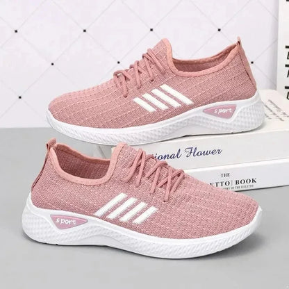 woman Mom Shoes Mesh Low-Top Running Student Shoes Trendy Shoes New Fly-Knit Sneakers Spring and Summer Soft Bottom Casualshoes Pink-A