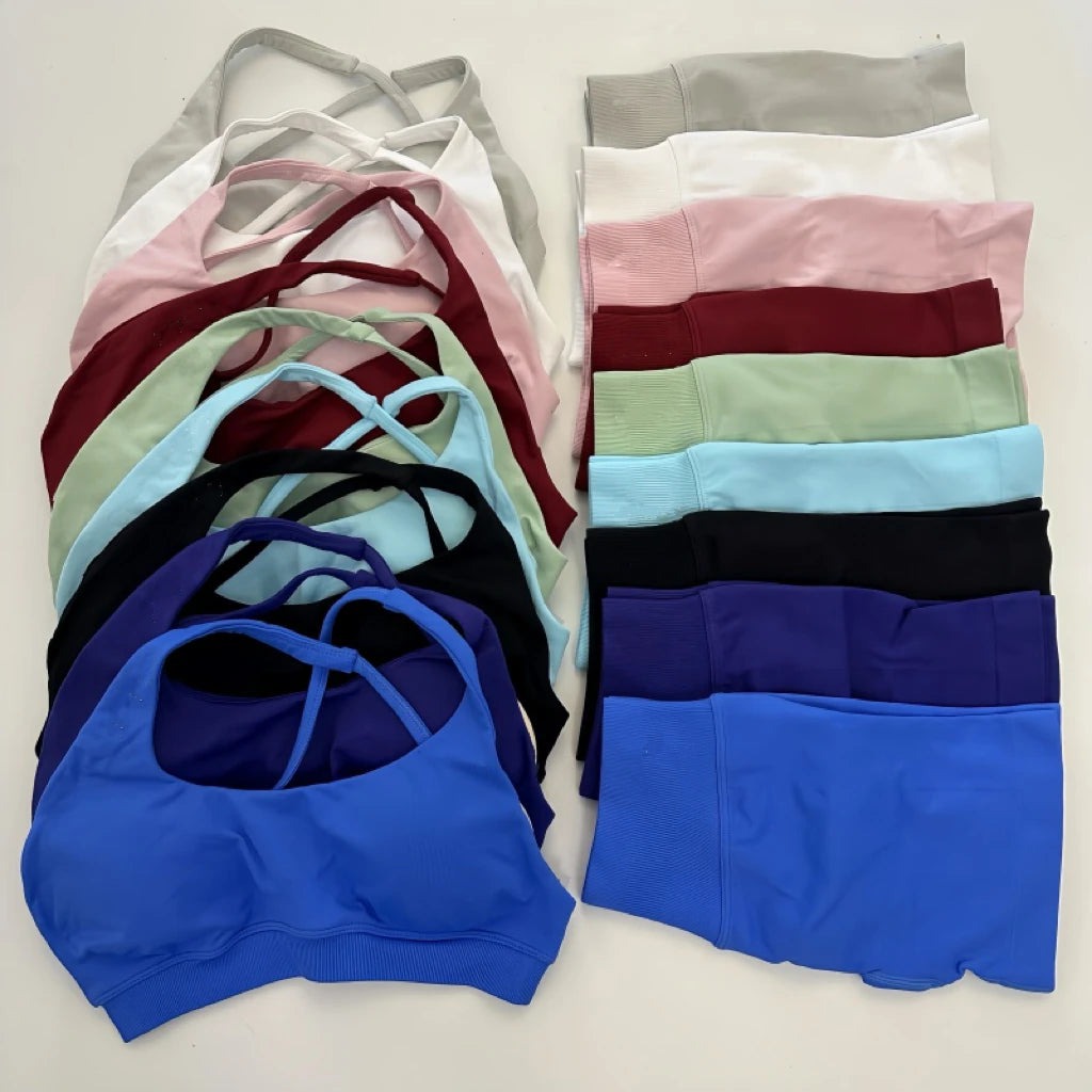 No Logo Yoga Asymmetric Gym Set Women Seamless Yoga Set Workout Shorts Sets Halter Sports Bra Scrunch Bum Shorts Fitness Clothes Badiee Stylez