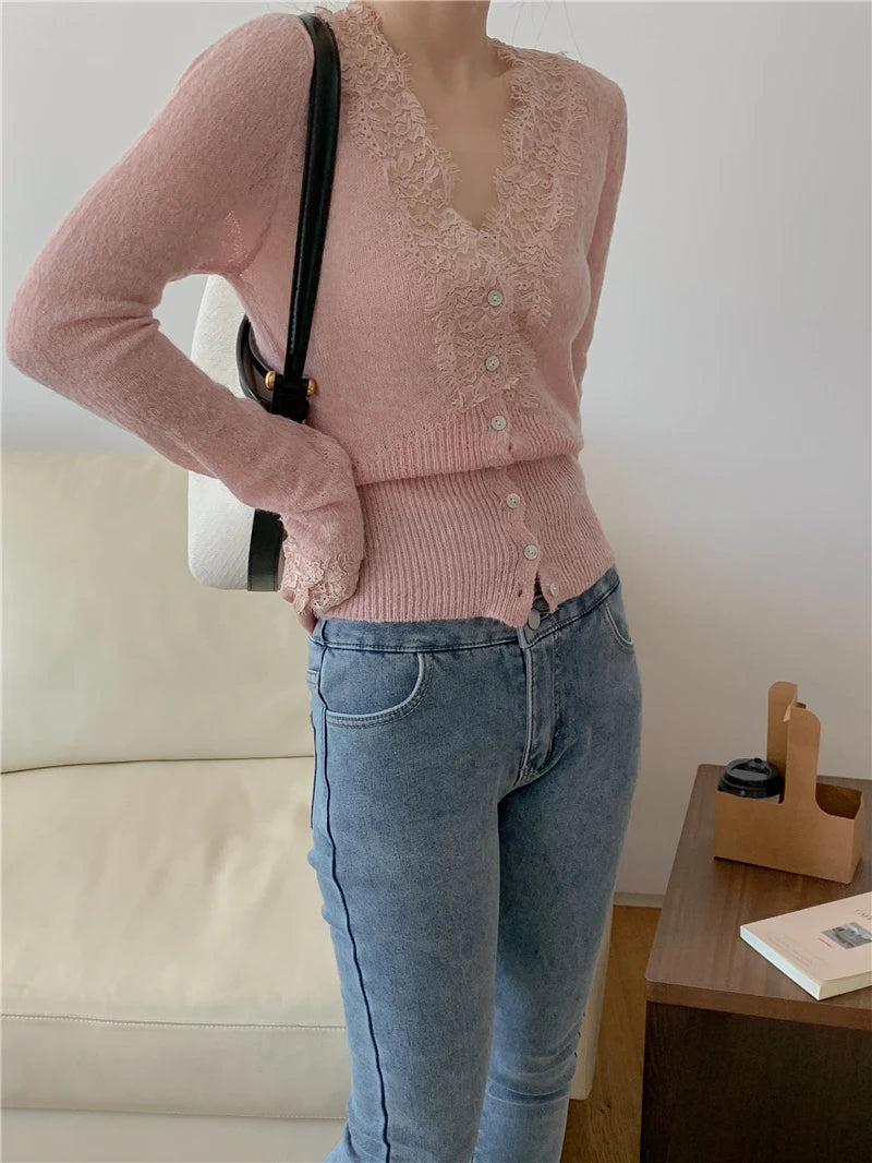 High-fashion Kawaii Botton Up Lace Patchwork Knitted Cardigan Women Autumn Winter Ladies Elegant Vintage Sweater Cheap Wholesale