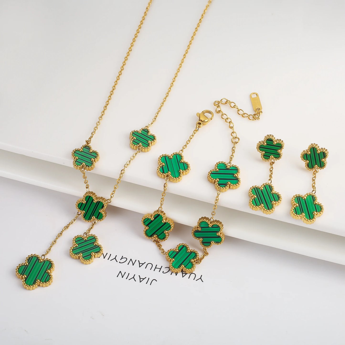 3Pcs Stainless Steel Hot Selling Gold Plated Clover Necklace Earrings Bracelet Jewelry Set Five Leaf Flower Jewelry For Women Jewelry Set 9