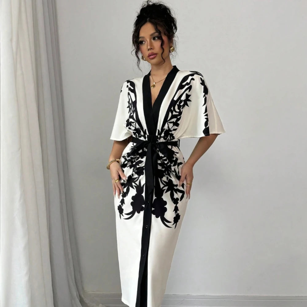 Women's elegant temperament V-neck A-line party dress 2025 new half sleeved printed lace up waist dress