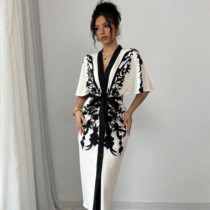 Women's elegant temperament V-neck A-line party dress 2025 new half sleeved printed lace up waist dress