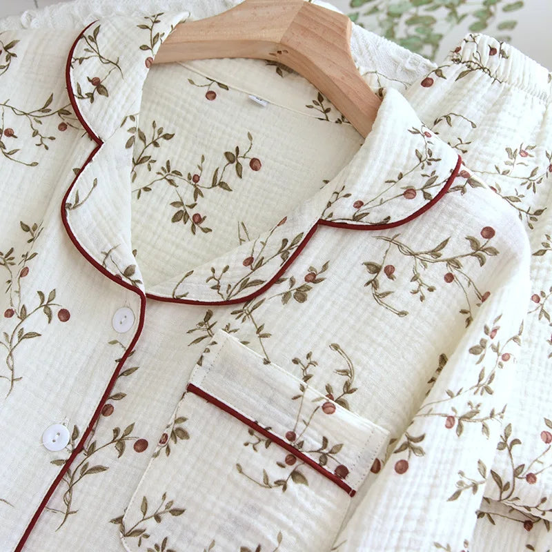 2025 Japanese Spring and Autumn New Women's Pajama Set 100% Cotton Crepe Long sleeved Pants Cardigan Cute Plus Size Home Fury