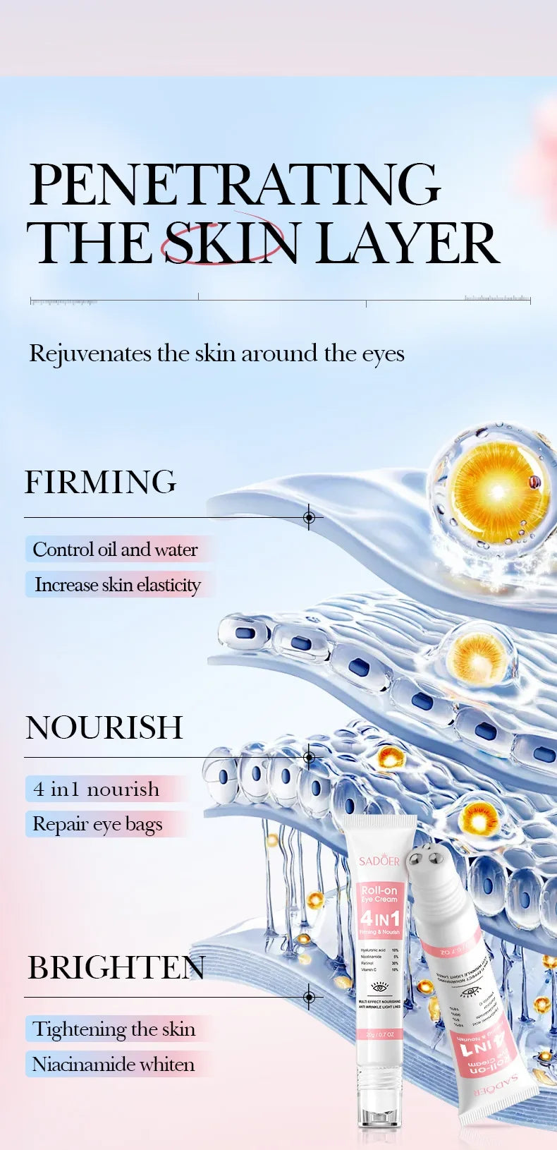 SADOER 4in1 Roll-on Moisturizing Eye Cream Anti Dark Circles Eyes Bags Firming Moisturizing Eye Serum Skin Care for Beauty Eyes