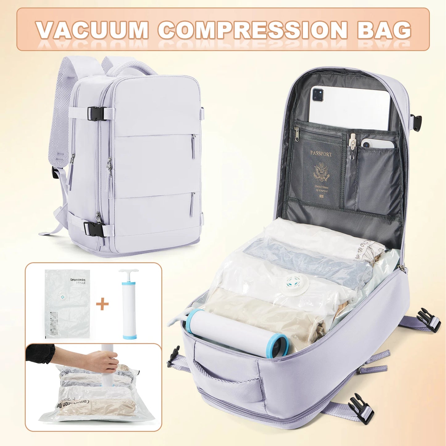 Ryanair 40x25x20 Travel Backpack Large Capacity Foldable Hiking Bag with Vacuum Bags Manual Compression Pump, Storage Backpack Purple