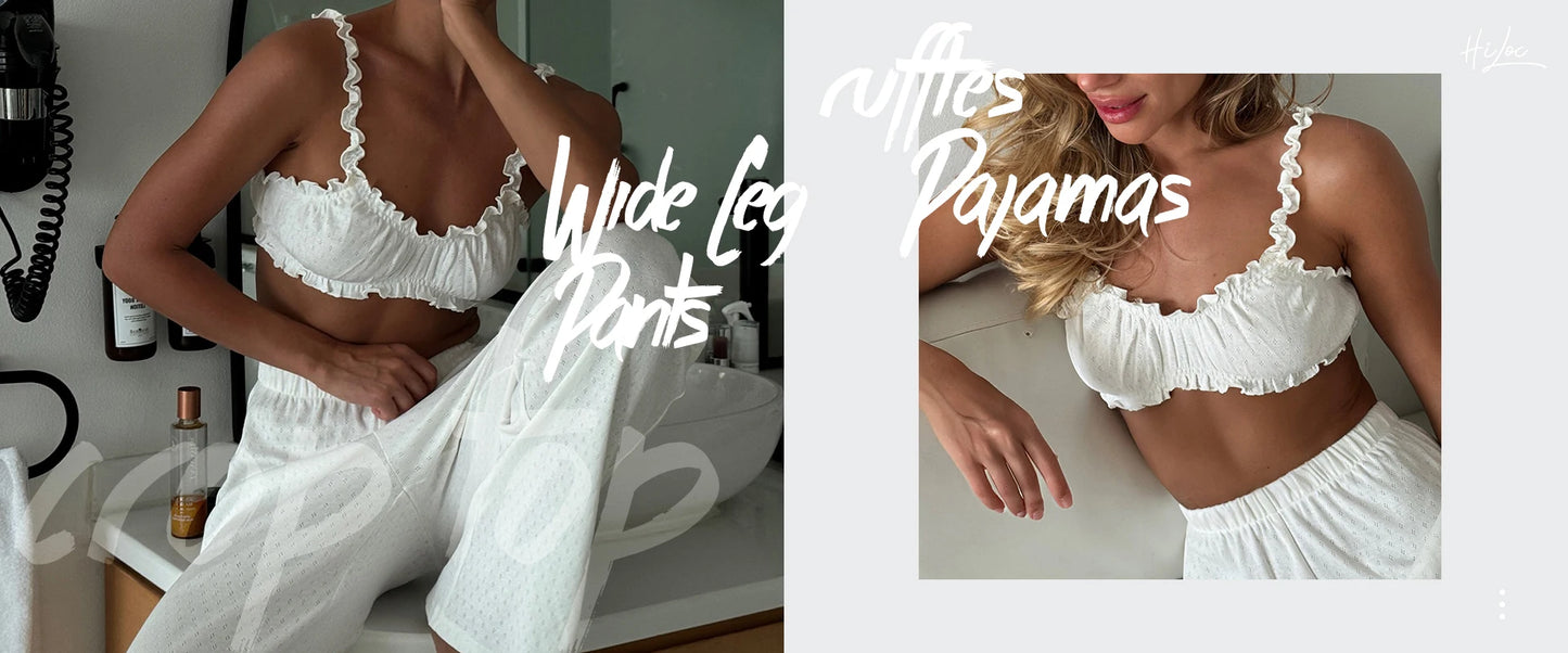 Hiloc Sexy V Neck Lace Spaghetti Strap Pajamas Elegant Long Pants Sets Women Casual Sleeveless Sleepwear Trousers Suit Lady 2025