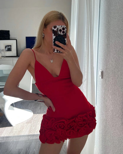Red 3d Flower Splicing Sling Short Dresses Women Elegant V Neck Sleeveless High Waist Mini Dress Summer New Party Lady Robes