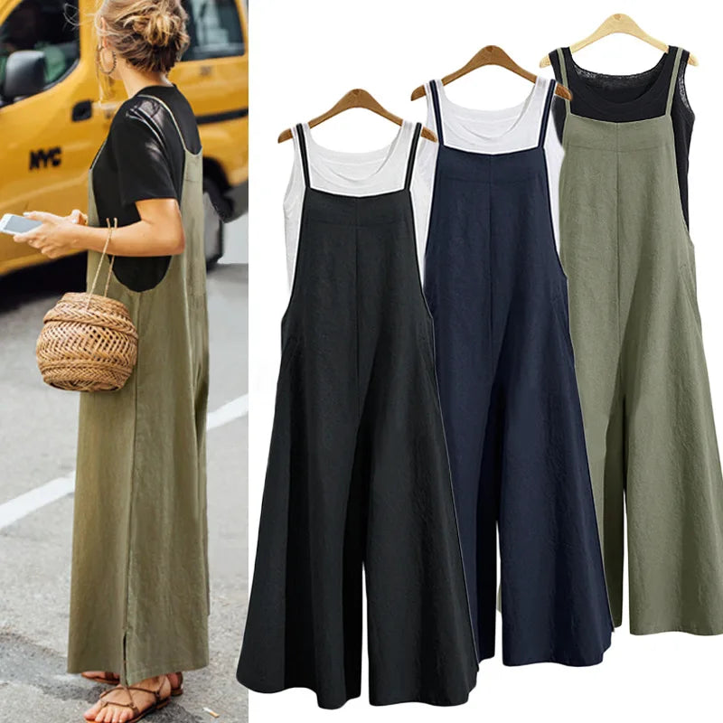 Women Straps Jumpsuit Summer Solid Color Wide Leg Pants Dungaree Bib Overalls Casual Loose Sleeveless Cotton Linen Jumpsuits 5Xl Badiee Stylez