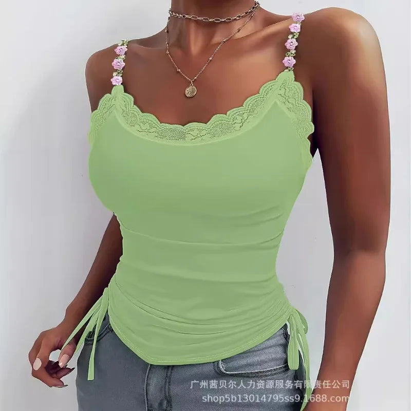 2024 Spring Summer New Vest Top Women's Closing Solid Color Slim Top Women Sexy Lace Stitching Three-Dimensional Decoration Vest