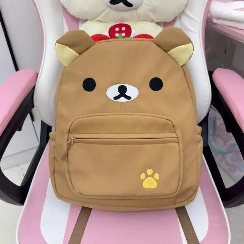 Cute Rilakkuma Backpack Anime Cartoon Embroidery Backpack Stylish Large-Capacity Student School Bag Nylon Multifunctional Bags Brown