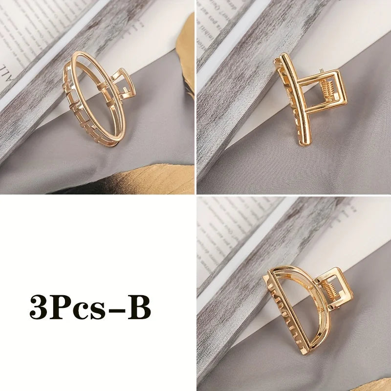 Fashion Simple Non Slip Mini Hollow Heart Metal Hair Claw Clips Gold Geometric Bangs Barrettes Hair Jaws For Women Girls Daily 3pcs-B