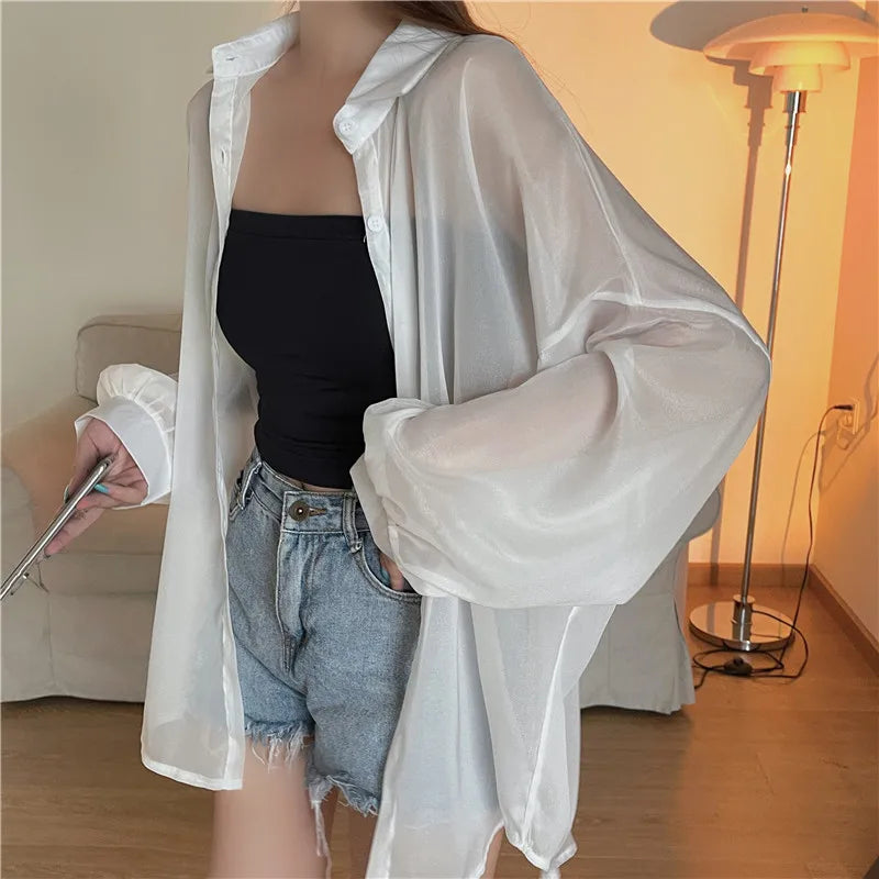 Semi Sheer Long Sleeve Shirt for Women Shimmer Button Down Collared Plain Lightweight Shirt Spring Summer Chic Tops Outfit WHITE One Size