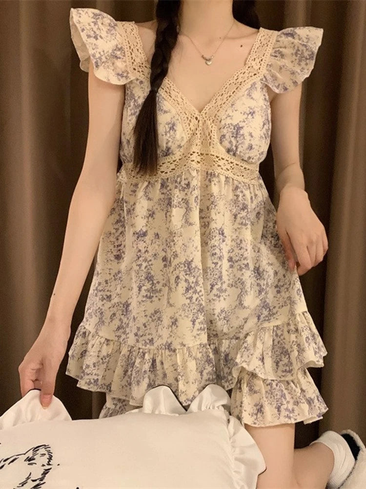 Sweet Princ Sle Women's Lace Nightgown Set with Chest Pad V-Ne ort Pants Summer Breathable Cotton Spwear