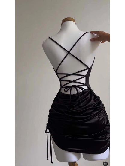 Sexy Sleeveless Backless Bodycon Mini Dress Women Summer Satin Lace Up Party Club Dresses Streetwear Evening Black Y2K 2025 Robe