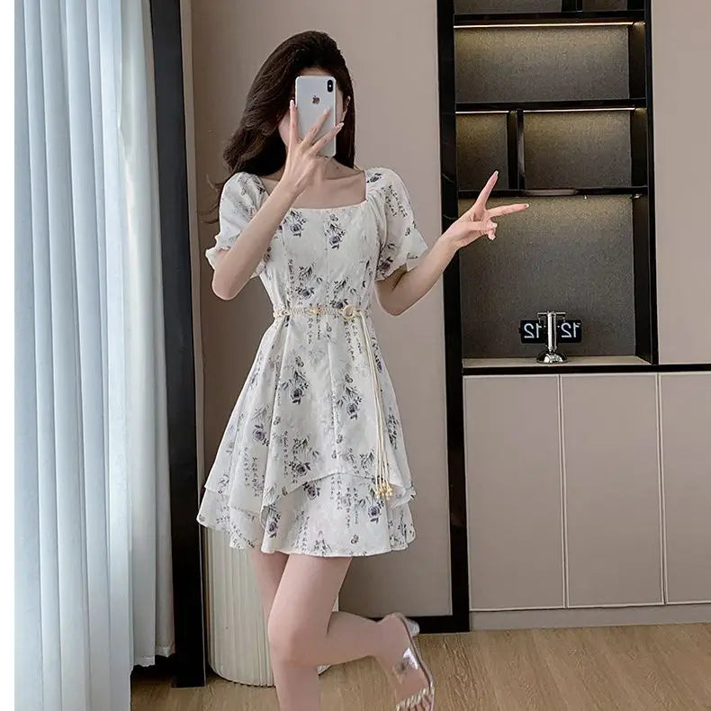 Square Neck Short-sleeved Women 2025 Summer New Chinese Puff Short-sleeved Retro Waist-hugging A-line Dress