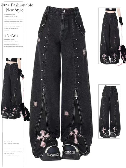 Women Clothing Black Gothic Jeans Pink Cross Y2k Oversize Loose Aesthetic Denim Trousers Harajuku Korean 2000s Jean Trashy Pants A