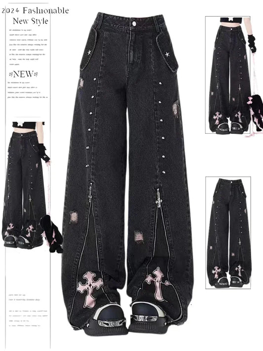 Women Clothing Black Gothic Jeans Pink Cross Y2k Oversize Loose Aesthetic Denim Trousers Harajuku Korean 2000s Jean Trashy Pants A