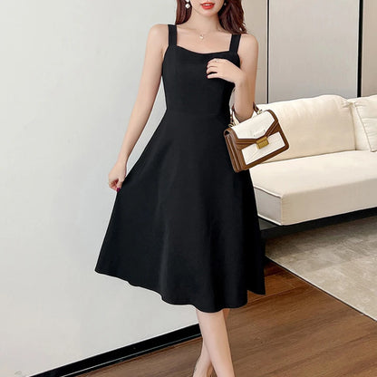 Elegant Black Midi Strapless Dress French Style Birthday Party Slimming Fit Pure Desire Design  Polyester Fiber