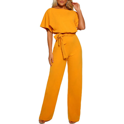 Women's clothing summer 2024 Jumpsuit, Elegant Short Sleeve Hollowed Waist Tie Solid Summer Wide Leg Pants Badiee Stylez