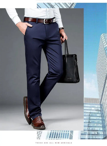 Men's ice silk suit pants Elastic mid-waist baggy trousers Straight business trousers